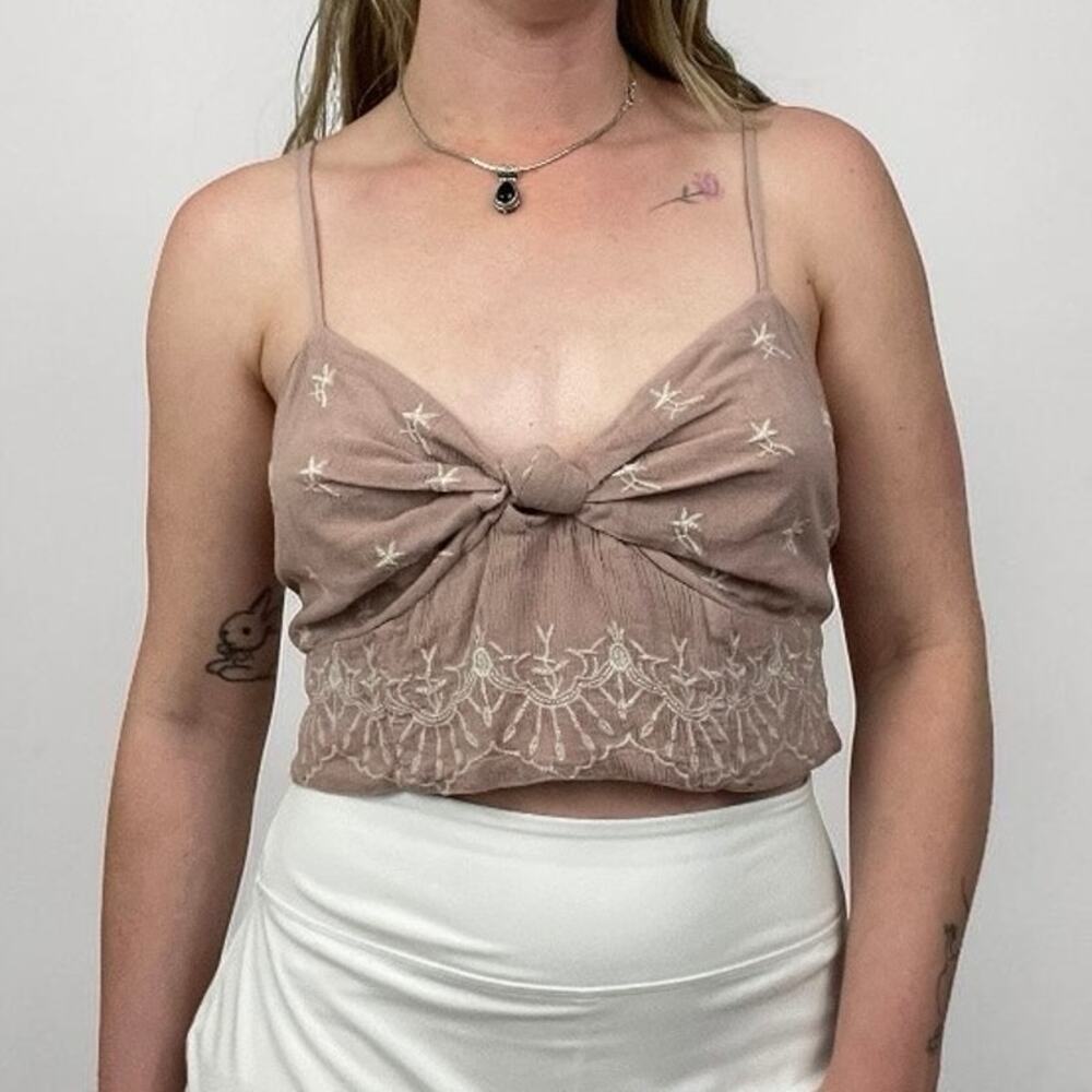 American Eagle Dusty Pink Boho Embroidered Cropped Tank Top
